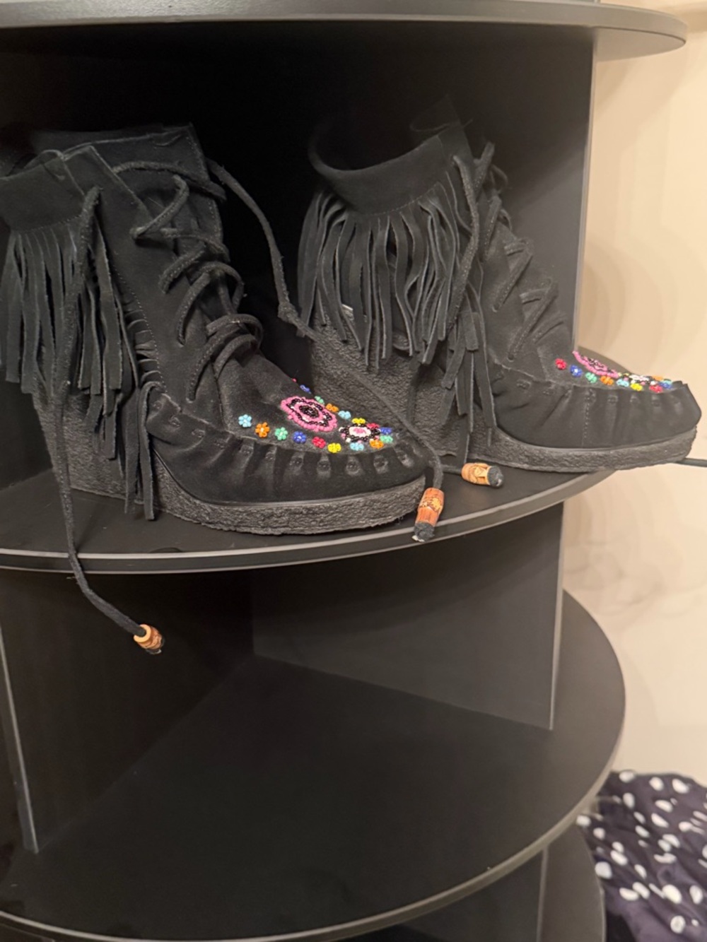 Betsey Johnson Black Suede Fringe Moccasin Boots with Multicolor Bead Flowers - Picture 4 of 4